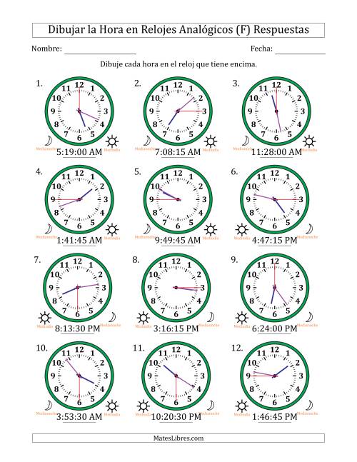 La hoja de ejercicios de Representar la Hora en Relojes Analógicos de 12 Horas en Intervalos de 15 Segundo (12 Relojes) (F) Página 2