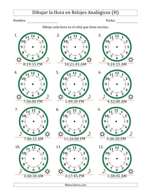 La hoja de ejercicios de Representar la Hora en Relojes Analógicos de 12 Horas en Intervalos de 15 Segundo (12 Relojes) (H)