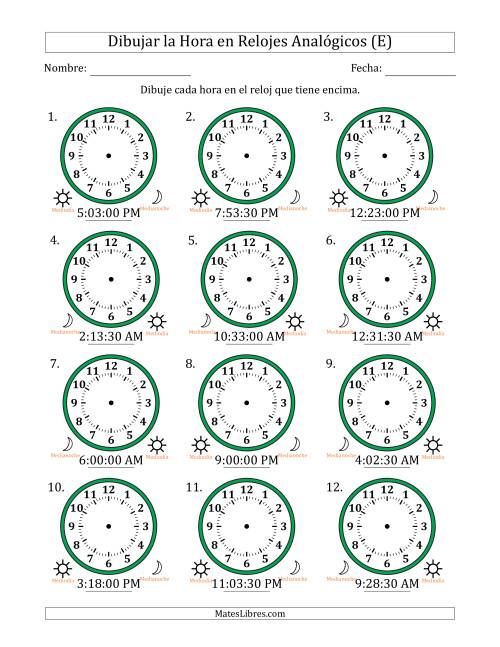 La hoja de ejercicios de Representar la Hora en Relojes Analógicos de 12 Horas en Intervalos de 30 Segundo (12 Relojes) (E)