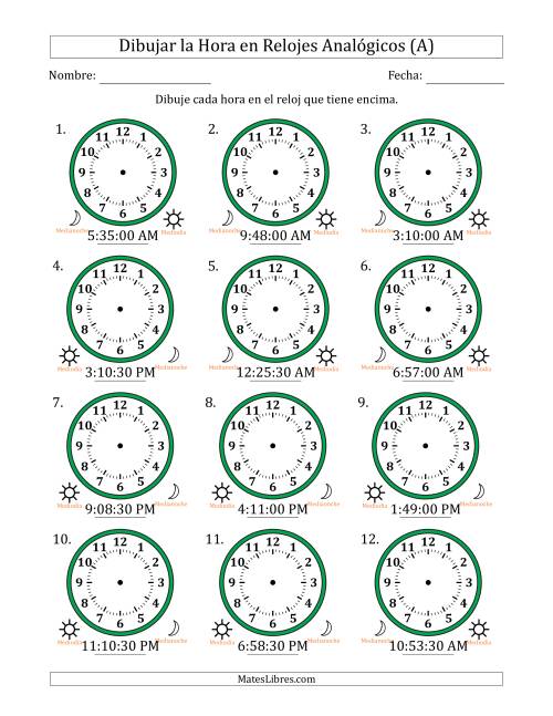 La hoja de ejercicios de Representar la Hora en Relojes Analógicos de 12 Horas en Intervalos de 30 Segundo (12 Relojes) (Todas)