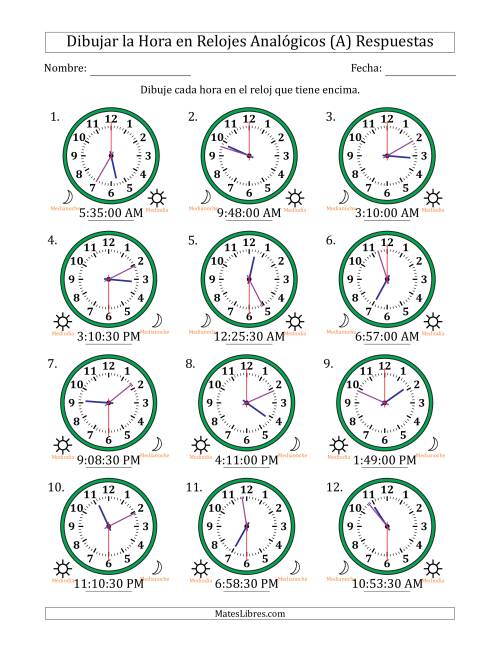 La hoja de ejercicios de Representar la Hora en Relojes Analógicos de 12 Horas en Intervalos de 30 Segundo (12 Relojes) (Todas) Página 2