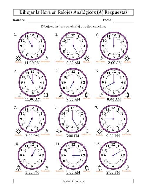 La hoja de ejercicios de Representar la Hora en Relojes Analógicos de 12 Horas en Intervalos de 1 Hora (12 Relojes) (A) Página 2