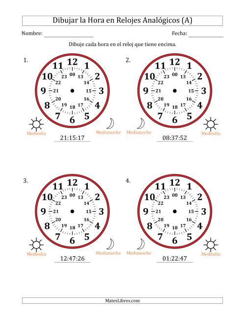La hoja de ejercicios de Representar la Hora en Relojes Analógicos de 24 Horas en Intervalos de 1 Segundo (4 Relojes Grandes) (A)