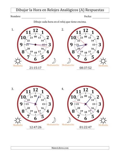 La hoja de ejercicios de Representar la Hora en Relojes Analógicos de 24 Horas en Intervalos de 1 Segundo (4 Relojes Grandes) (A) Página 2