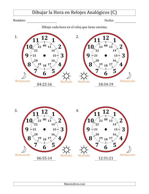La hoja de ejercicios de Representar la Hora en Relojes Analógicos de 24 Horas en Intervalos de 1 Segundo (4 Relojes Grandes) (C)