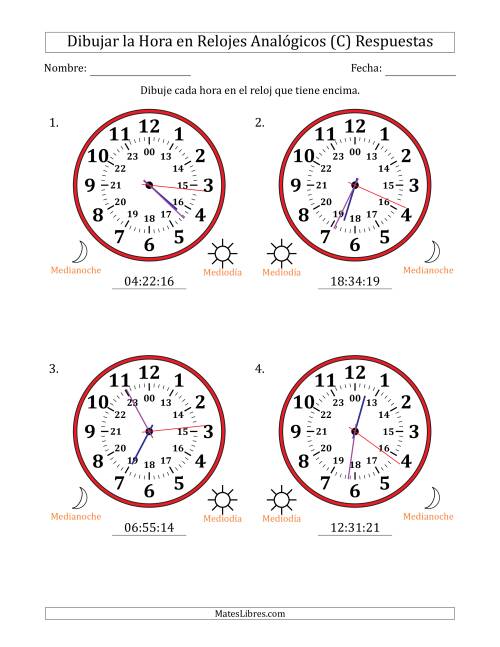 La hoja de ejercicios de Representar la Hora en Relojes Analógicos de 24 Horas en Intervalos de 1 Segundo (4 Relojes Grandes) (C) Página 2