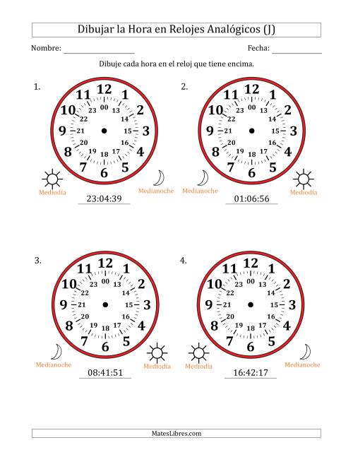 La hoja de ejercicios de Representar la Hora en Relojes Analógicos de 24 Horas en Intervalos de 1 Segundo (4 Relojes Grandes) (J)
