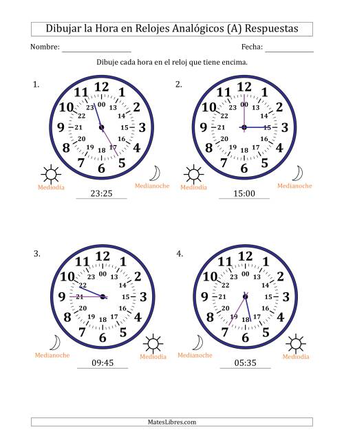 La hoja de ejercicios de Representar la Hora en Relojes Analógicos de 24 Horas en Intervalos de 5 Minuto (4 Relojes Grandes) (A) Página 2