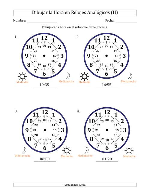 La hoja de ejercicios de Representar la Hora en Relojes Analógicos de 24 Horas en Intervalos de 5 Minuto (4 Relojes Grandes) (H)