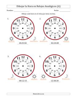 Representar la Hora en Relojes Analógicos de 24 Horas en Intervalos de 5 Segundo (4 Relojes Grandes)