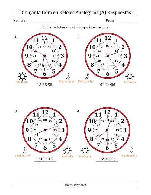 La hoja de ejercicios de Representar la Hora en Relojes Analógicos de 24 Horas en Intervalos de 5 Segundo (4 Relojes Grandes) (Todas) Página 2