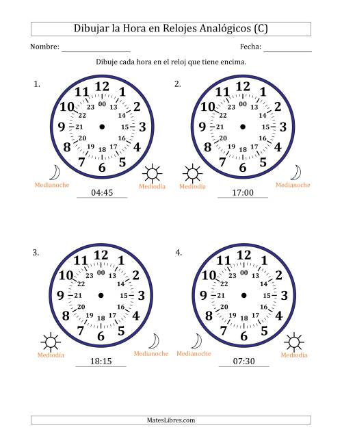 La hoja de ejercicios de Representar la Hora en Relojes Analógicos de 24 Horas en Intervalos de 15 Minuto (4 Relojes Grandes) (C)