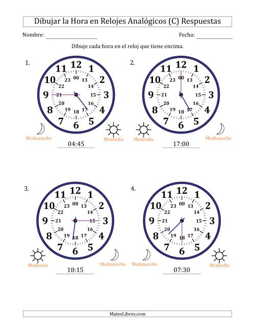 La hoja de ejercicios de Representar la Hora en Relojes Analógicos de 24 Horas en Intervalos de 15 Minuto (4 Relojes Grandes) (C) Página 2