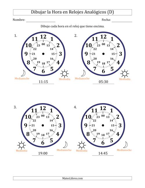 La hoja de ejercicios de Representar la Hora en Relojes Analógicos de 24 Horas en Intervalos de 15 Minuto (4 Relojes Grandes) (D)