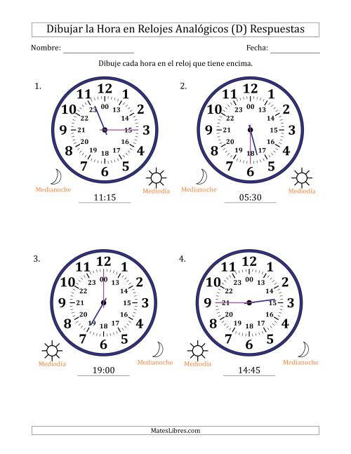 La hoja de ejercicios de Representar la Hora en Relojes Analógicos de 24 Horas en Intervalos de 15 Minuto (4 Relojes Grandes) (D) Página 2