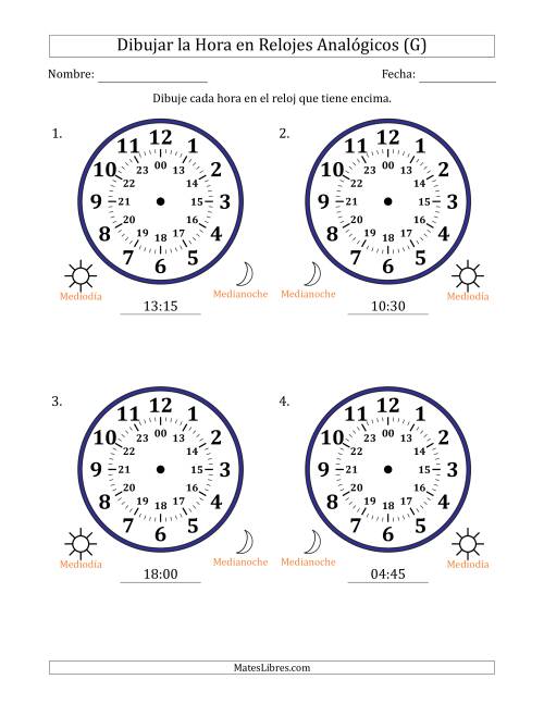 La hoja de ejercicios de Representar la Hora en Relojes Analógicos de 24 Horas en Intervalos de 15 Minuto (4 Relojes Grandes) (G)