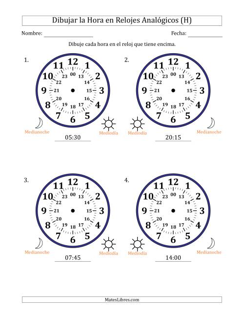 La hoja de ejercicios de Representar la Hora en Relojes Analógicos de 24 Horas en Intervalos de 15 Minuto (4 Relojes Grandes) (H)