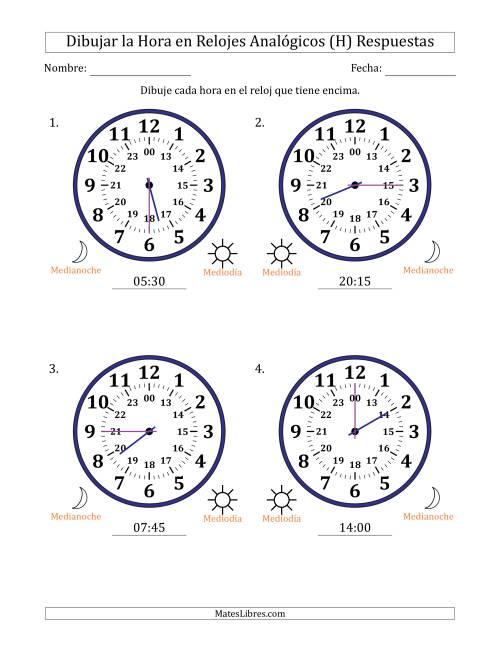 La hoja de ejercicios de Representar la Hora en Relojes Analógicos de 24 Horas en Intervalos de 15 Minuto (4 Relojes Grandes) (H) Página 2
