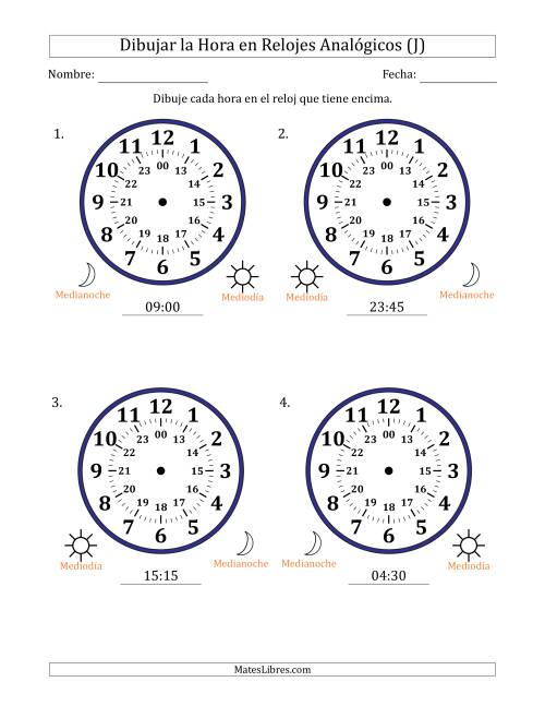 La hoja de ejercicios de Representar la Hora en Relojes Analógicos de 24 Horas en Intervalos de 15 Minuto (4 Relojes Grandes) (J)