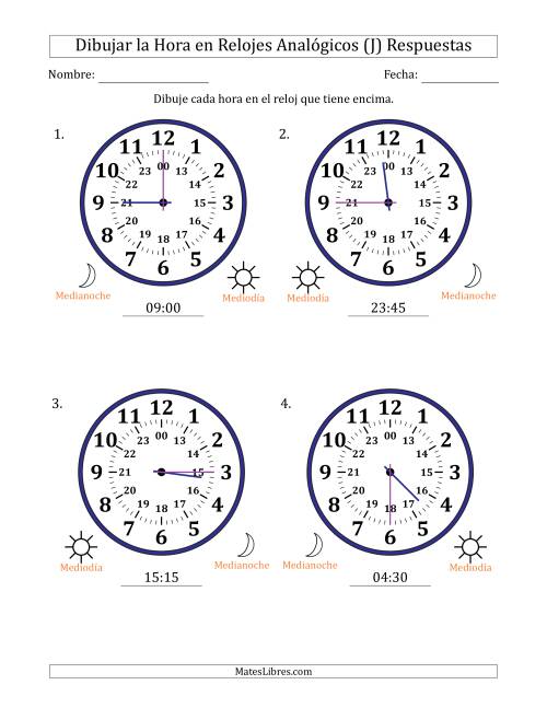La hoja de ejercicios de Representar la Hora en Relojes Analógicos de 24 Horas en Intervalos de 15 Minuto (4 Relojes Grandes) (J) Página 2
