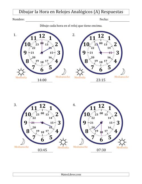La hoja de ejercicios de Representar la Hora en Relojes Analógicos de 24 Horas en Intervalos de 15 Minuto (4 Relojes Grandes) (Todas) Página 2