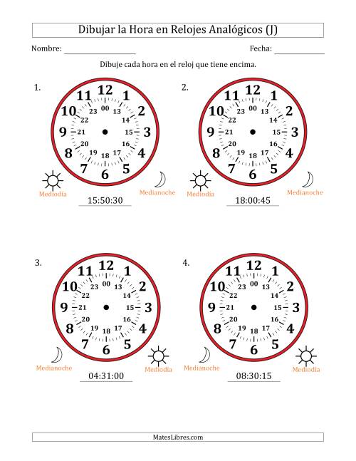 La hoja de ejercicios de Representar la Hora en Relojes Analógicos de 24 Horas en Intervalos de 15 Segundo (4 Relojes Grandes) (J)