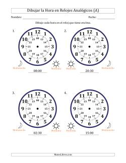 Representar la Hora en Relojes Analógicos de 24 Horas en Intervalos de 30 Minuto (4 Relojes Grandes)