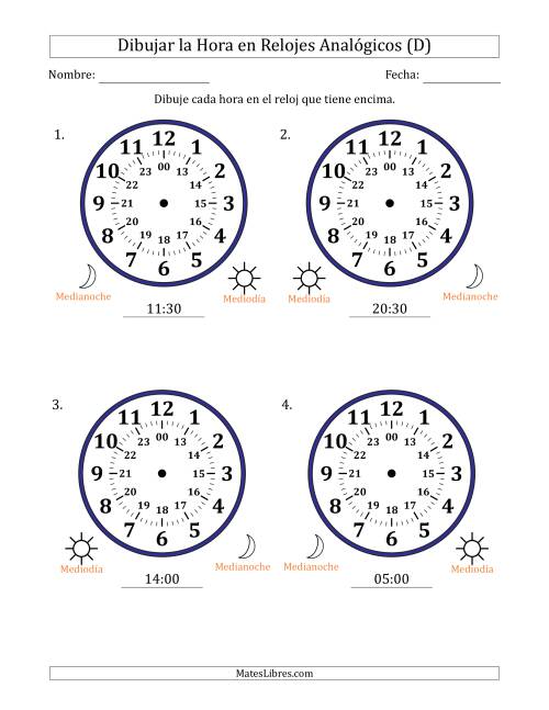 La hoja de ejercicios de Representar la Hora en Relojes Analógicos de 24 Horas en Intervalos de 30 Minuto (4 Relojes Grandes) (D)