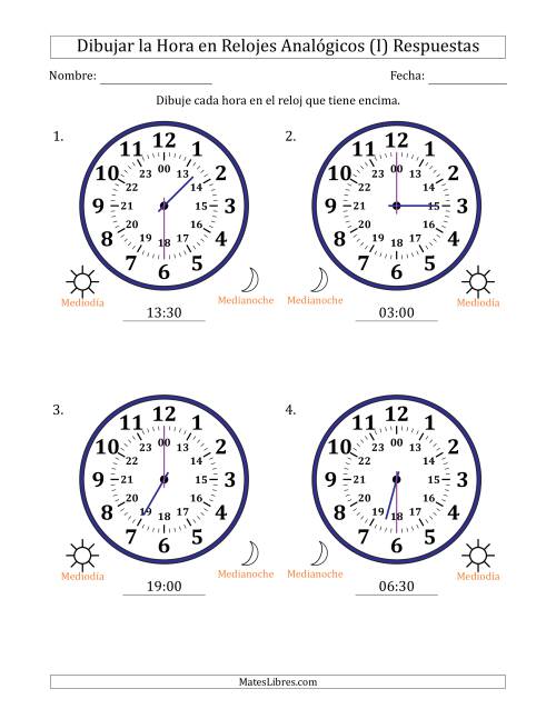 La hoja de ejercicios de Representar la Hora en Relojes Analógicos de 24 Horas en Intervalos de 30 Minuto (4 Relojes Grandes) (I) Página 2