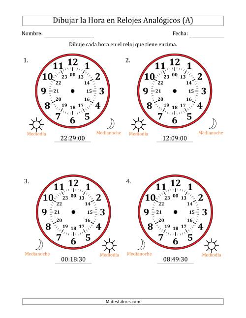 La hoja de ejercicios de Representar la Hora en Relojes Analógicos de 24 Horas en Intervalos de 30 Segundo (4 Relojes Grandes) (A)