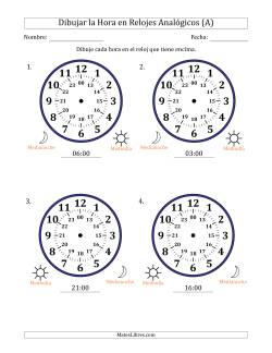 Representar la Hora en Relojes Analógicos de 24 Horas en Intervalos de 1 Hora (4 Relojes Grandes)