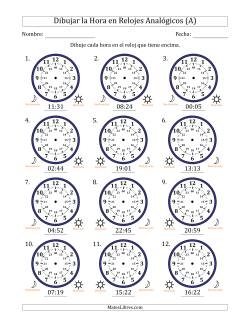 Representar la Hora en Relojes Analógicos de 24 Horas en Intervalos de 1 Minuto (12 Relojes)