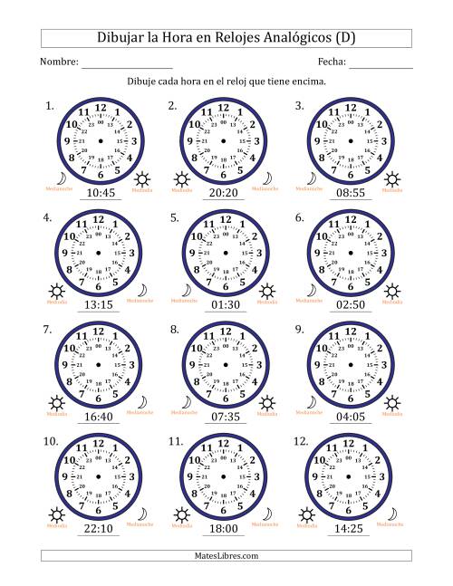 La hoja de ejercicios de Representar la Hora en Relojes Analógicos de 24 Horas en Intervalos de 5 Minuto (12 Relojes) (D)