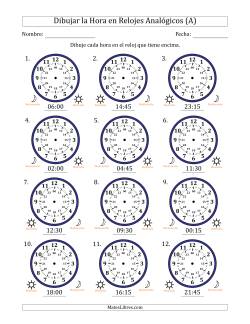 Representar la Hora en Relojes Analógicos de 24 Horas en Intervalos de 15 Minuto (12 Relojes)