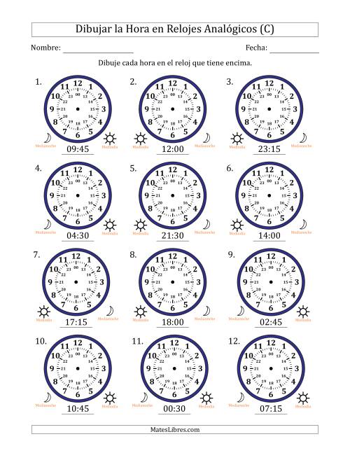 La hoja de ejercicios de Representar la Hora en Relojes Analógicos de 24 Horas en Intervalos de 15 Minuto (12 Relojes) (C)