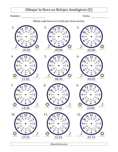 La hoja de ejercicios de Representar la Hora en Relojes Analógicos de 24 Horas en Intervalos de 15 Minuto (12 Relojes) (E)