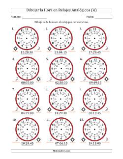 Representar la Hora en Relojes Analógicos de 24 Horas en Intervalos de 15 Segundo (12 Relojes)