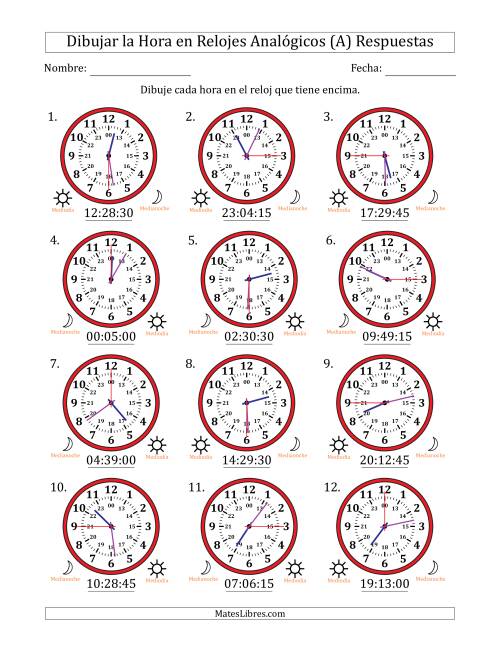 La hoja de ejercicios de Representar la Hora en Relojes Analógicos de 24 Horas en Intervalos de 15 Segundo (12 Relojes) (A) Página 2