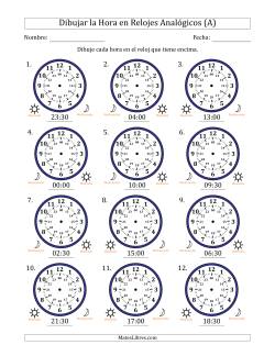 Representar la Hora en Relojes Analógicos de 24 Horas en Intervalos de 30 Minuto (12 Relojes)