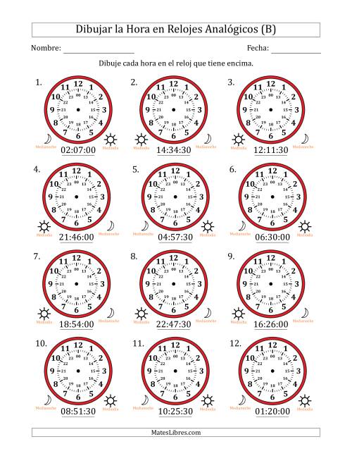 La hoja de ejercicios de Representar la Hora en Relojes Analógicos de 24 Horas en Intervalos de 30 Segundo (12 Relojes) (B)