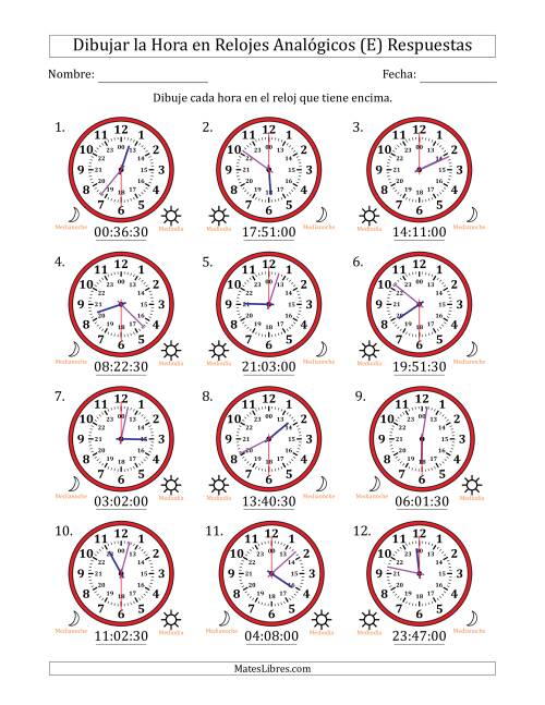 La hoja de ejercicios de Representar la Hora en Relojes Analógicos de 24 Horas en Intervalos de 30 Segundo (12 Relojes) (E) Página 2