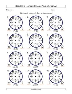 Representar la Hora en Relojes Analógicos de 24 Horas en Intervalos de 1 Hora (12 Relojes)
