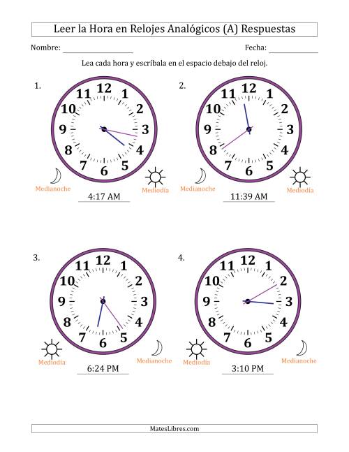 La hoja de ejercicios de Leer la Hora en Relojes Analógicos de 12 Horas en Intervalos de 1 Minuto (4 Relojes Grandes) (A) Página 2