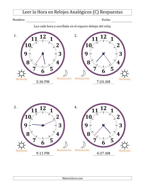 La hoja de ejercicios de Leer la Hora en Relojes Analógicos de 12 Horas en Intervalos de 1 Minuto (4 Relojes Grandes) (C) Página 2