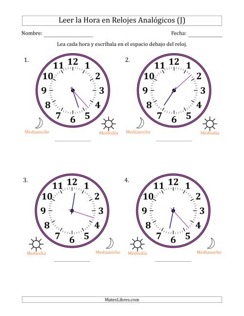 La hoja de ejercicios de Leer la Hora en Relojes Analógicos de 12 Horas en Intervalos de 1 Minuto (4 Relojes Grandes) (J)