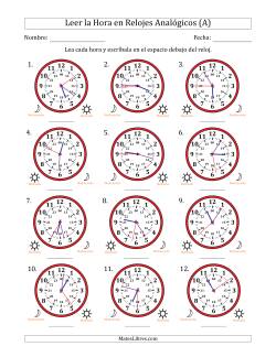 Leer la Hora en Relojes Analógicos de 24 Horas en Intervalos de 1 Segundo (12 Relojes)