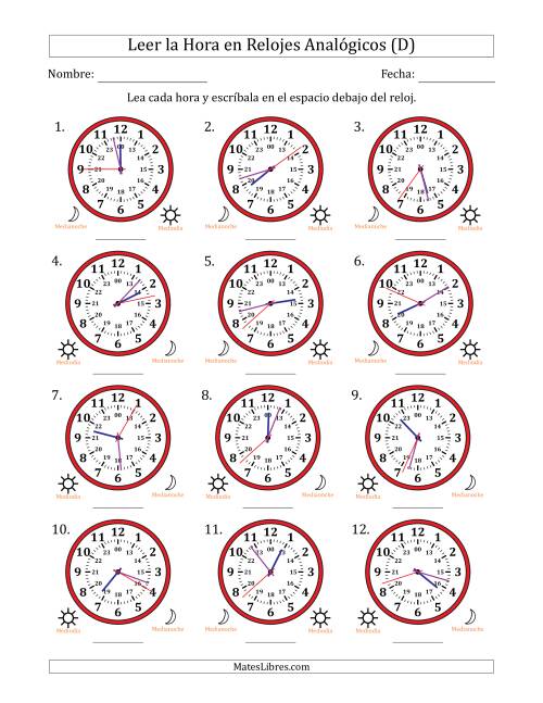 La hoja de ejercicios de Leer la Hora en Relojes Analógicos de 24 Horas en Intervalos de 1 Segundo (12 Relojes) (D)