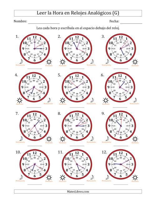 La hoja de ejercicios de Leer la Hora en Relojes Analógicos de 24 Horas en Intervalos de 1 Segundo (12 Relojes) (G)