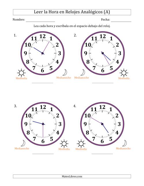 La hoja de ejercicios de Leer la Hora en Relojes Analógicos de 12 Horas en Intervalos de 5 Minuto (4 Relojes Grandes) (A)