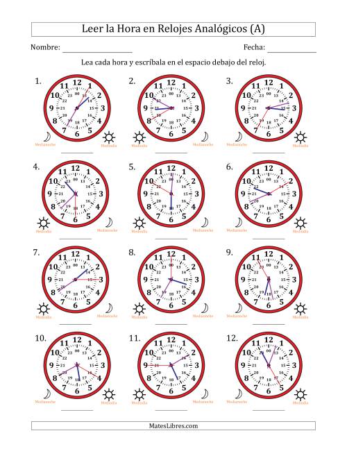 La hoja de ejercicios de Leer la Hora en Relojes Analógicos de 24 Horas en Intervalos de 5 Segundo (12 Relojes) (A)